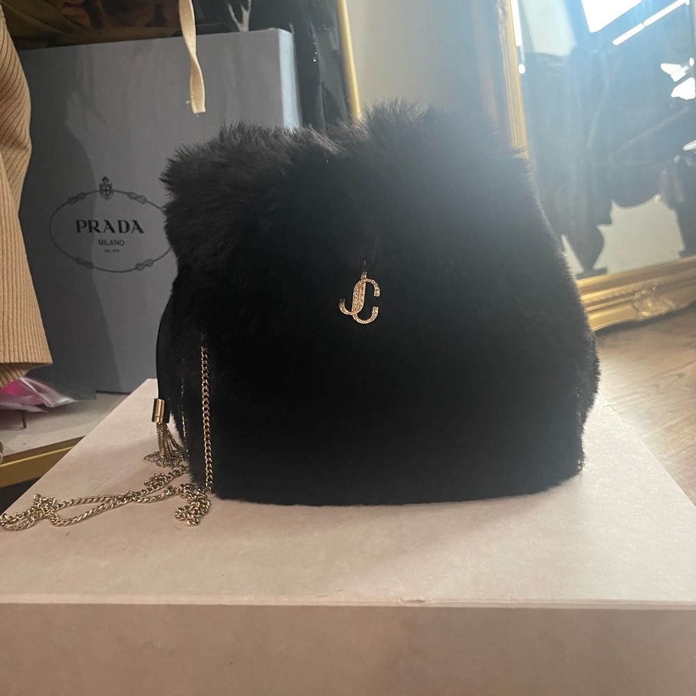 Brand new in box Jimmy Choo Faux Fur Black & Gold Bucket bag Sold out